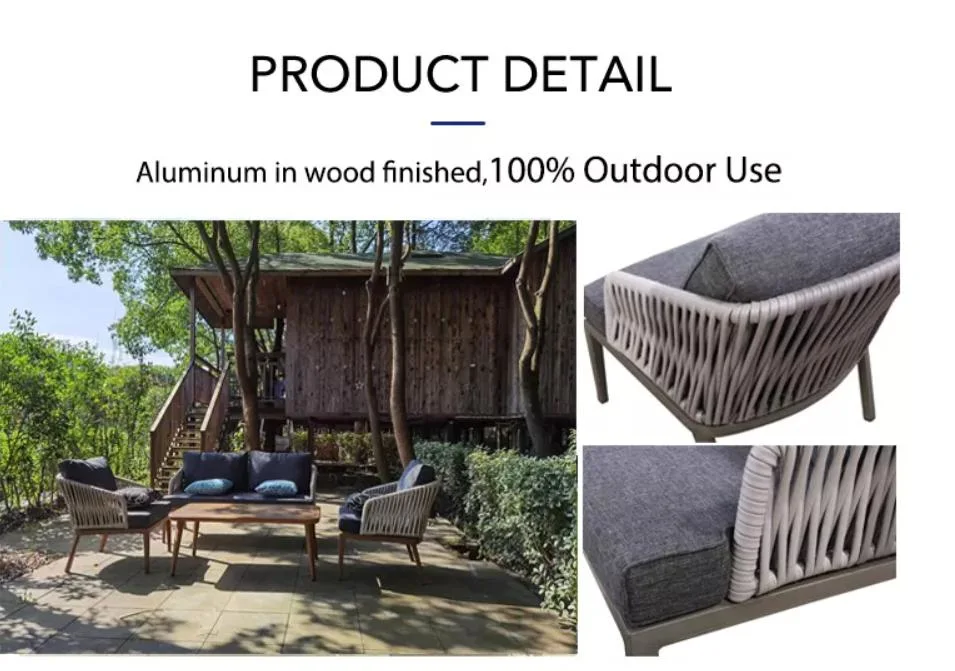 Wholesale Aluminum Frame Handmade Wood Grain Luxury Outdoor Sofa Garden Rattan Rope Furniture