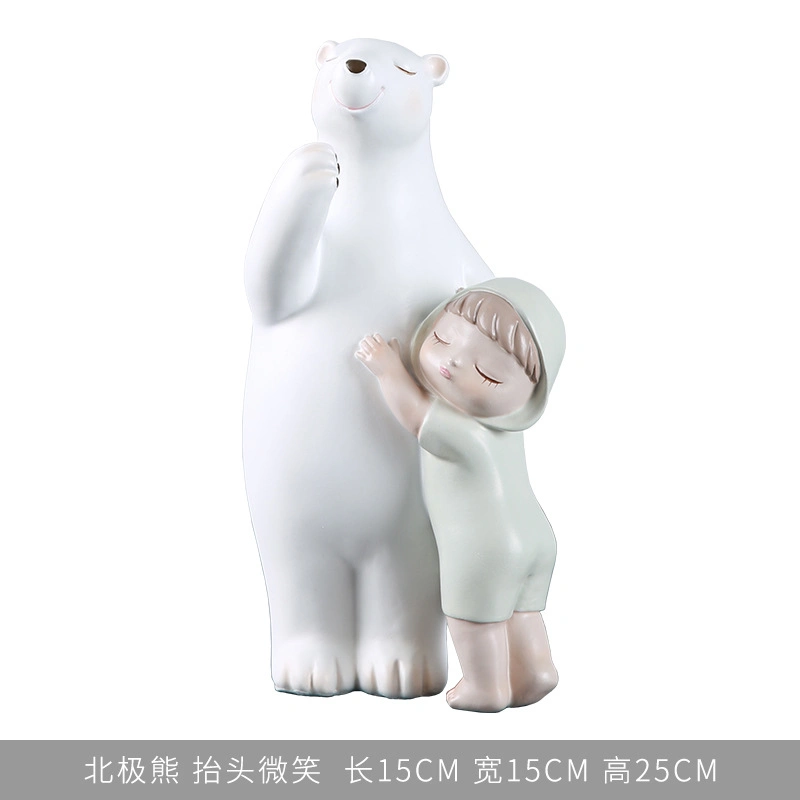 Home Table Decorative Resin White Bear and Baby Girl Statue